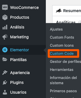 imagen de donde se ubica la opción de custom code en elementor