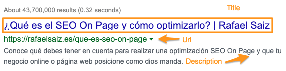 Ejemplo de factores SEO On Page - title, meta description y url